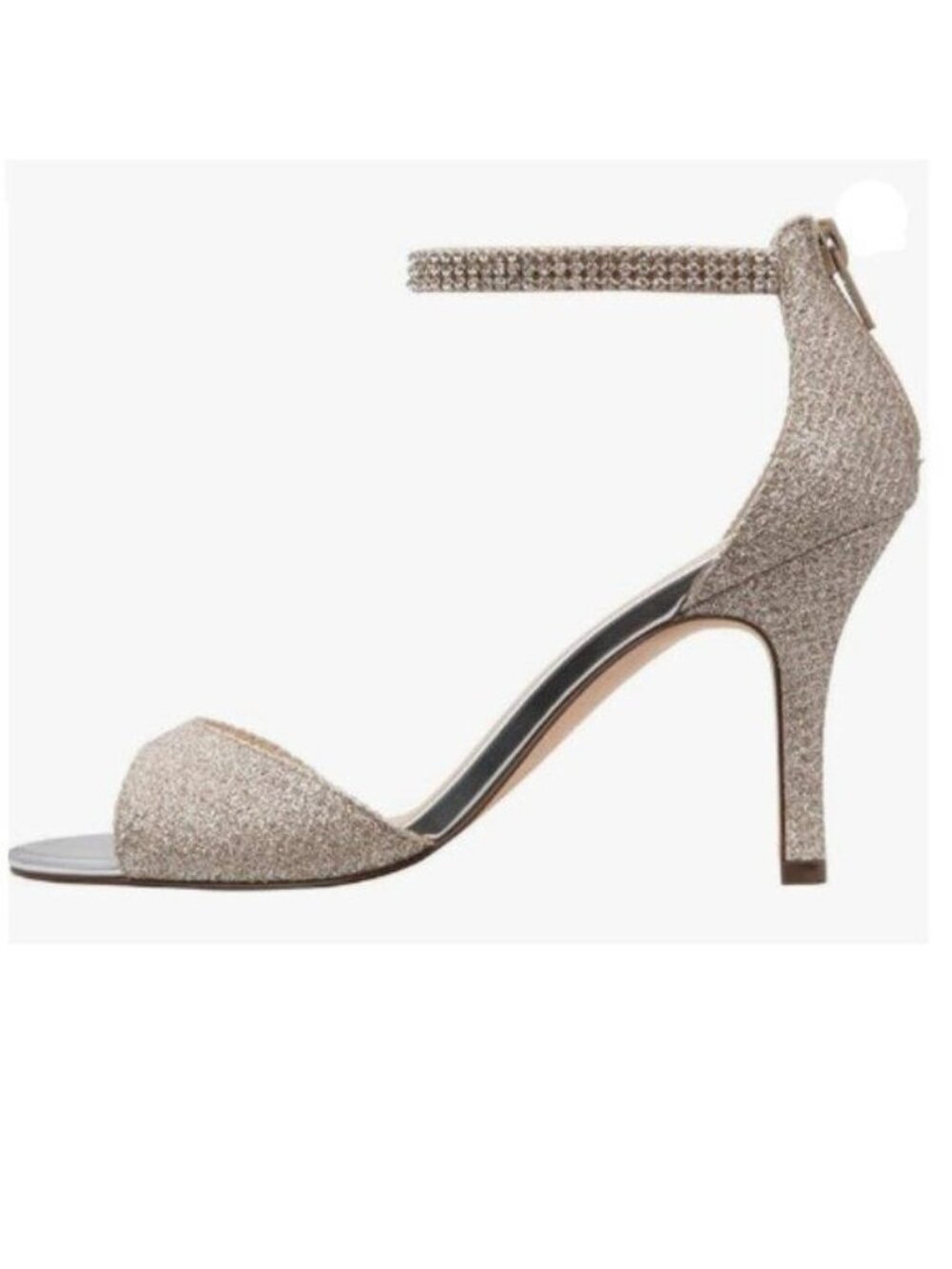 XYD Beige Glitter Open Toe Rhinestones Ankle Strap Sandals Mid Heel Pumps Shoes